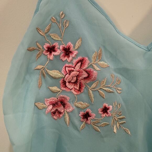VTG California Dynasty Chemise Slip Dress Size Large Blue Floral Embroidery - Picture 4 of 14